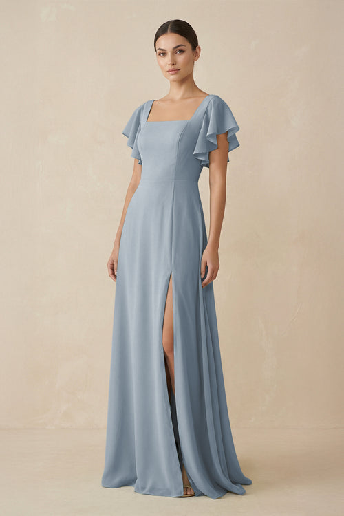 Dusty Blue Chiffon A-Line Long Bridesmaid Dress with Flutter Sleeves | KISSBRIDAL