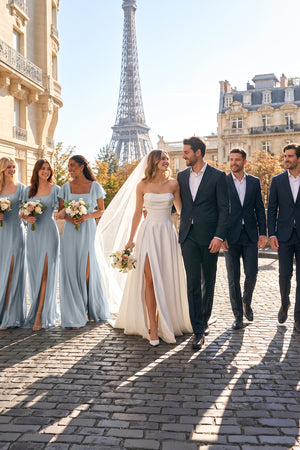 Dusty Blue Chiffon A-Line Long Bridesmaid Dress with Flutter Sleeves | KISSBRIDAL