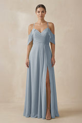 Dusty Blue Chiffon A-Line Long Bridesmaid Dress | KISSBRIDAL