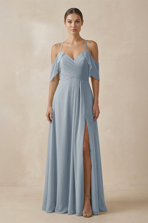 Dusty Blue Chiffon A-Line Long Bridesmaid Dress | KISSBRIDAL