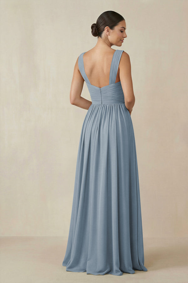 Dusty Blue Chiffon A-Line Pleated Bridesmaid Dress (2) | KISSBRIDAL
