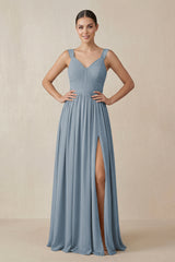 Dusty Blue Chiffon A-Line Pleated Bridesmaid Dress | KISSBRIDAL
