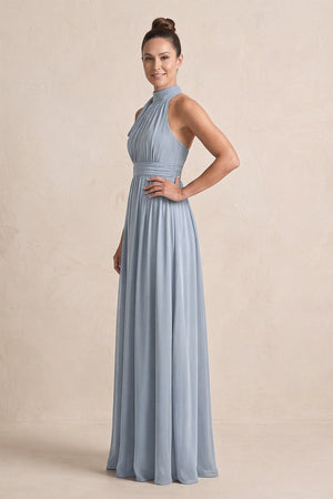 Dusty Blue Chiffon Halter A-Line Mother of the Bride Dress (3) | KISSBRIDAL