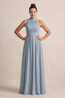 Dusty Blue Chiffon Halter A-Line Mother of the Bride Dress | KISSBRIDAL