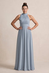 Dusty Blue Chiffon Halter A-Line Mother of the Bride Dress | KISSBRIDAL