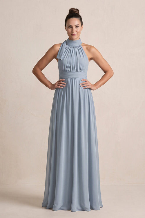 Dusty Blue Chiffon Halter A-Line Mother of the Bride Dress | KISSBRIDAL