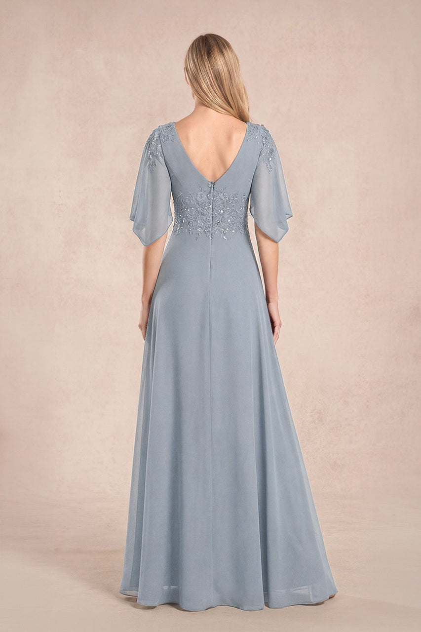 Dusty Blue Chiffon Lone Sleeves A-Line V-Neck Embroidered Mother of the Bride Dress