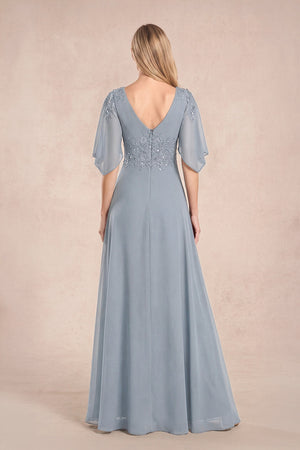 Dusty Blue Chiffon Lone Sleeves A-Line V-Neck Embroidered Mother of the Bride Dress (2) | KISSBRIDAL