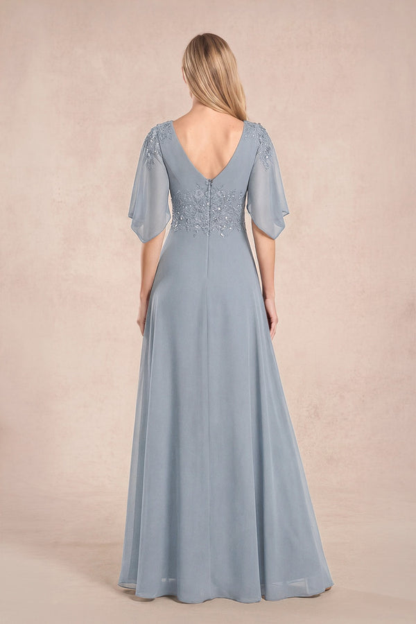 Dusty Blue Chiffon Lone Sleeves A-Line V-Neck Embroidered Mother of the Bride Dress (2) | KISSBRIDAL