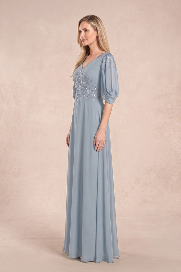 Dusty Blue Chiffon Lone Sleeves A-Line V-Neck Embroidered Mother of the Bride Dress (3) | KISSBRIDAL