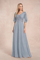 Dusty Blue Chiffon Lone Sleeves A-Line V-Neck Embroidered Mother of the Bride Dress | KISSBRIDAL