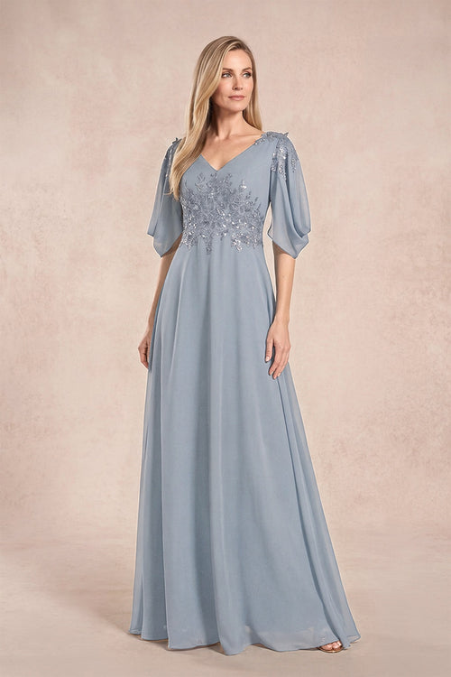 Dusty Blue Chiffon Lone Sleeves A-Line V-Neck Embroidered Mother of the Bride Dress | KISSBRIDAL