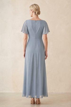 Dusty Blue Chiffon Ruched A-Line Ruffled Sleeves Midi Mother of the Bride Dress (2) | KISSBRIDAL