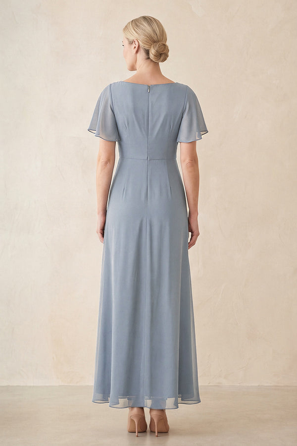 Dusty Blue Chiffon Ruched A-Line Ruffled Sleeves Midi Mother of the Bride Dress (2) | KISSBRIDAL