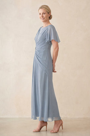 Dusty Blue Chiffon Ruched A-Line Ruffled Sleeves Midi Mother of the Bride Dress (3) | KISSBRIDAL