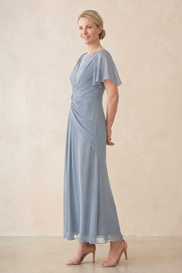 Dusty Blue Chiffon Ruched A-Line Ruffled Sleeves Midi Mother of the Bride Dress (3) | KISSBRIDAL