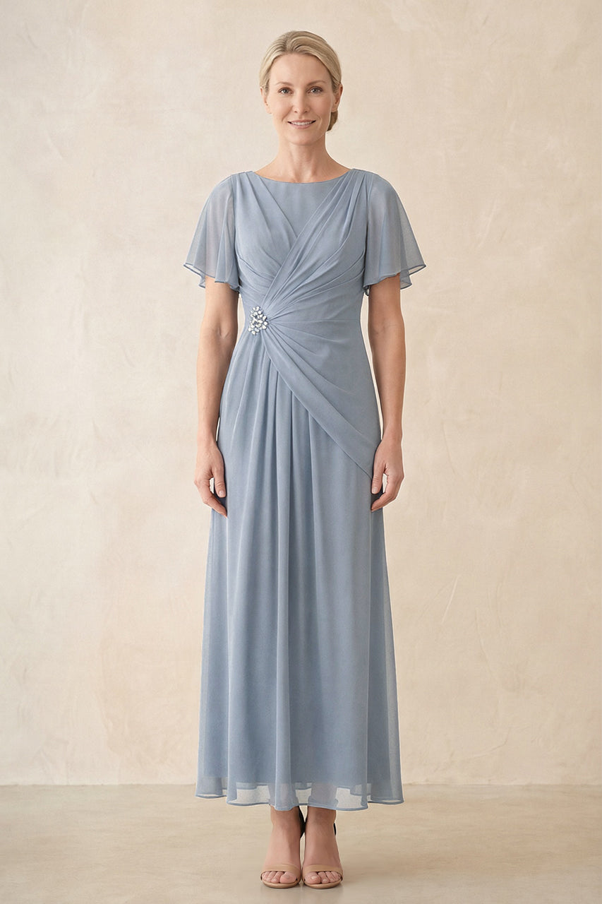 Dusty Blue Chiffon Ruched A-Line Ruffled Sleeves Midi Mother of the Bride Dress