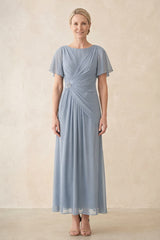 Dusty Blue Chiffon Ruched A-Line Ruffled Sleeves Midi Mother of the Bride Dress | KISSBRIDAL