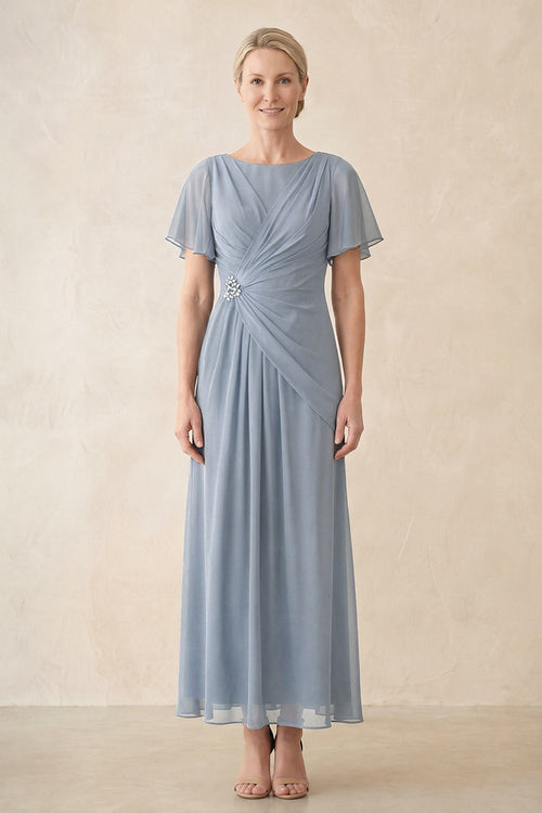 Dusty Blue Chiffon Ruched A-Line Ruffled Sleeves Midi Mother of the Bride Dress | KISSBRIDAL