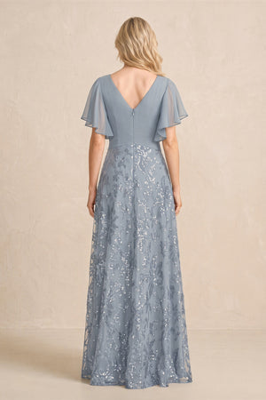 Dusty Blue Chiffon V-Neck A-Line Embroidered Mother of the Bride Dress with Ruffled Sleeves (2) | KISSBRIDAL