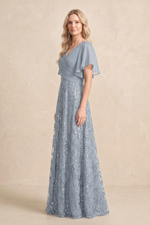 Dusty Blue Chiffon V-Neck A-Line Embroidered Mother of the Bride Dress with Ruffled Sleeves (3) | KISSBRIDAL
