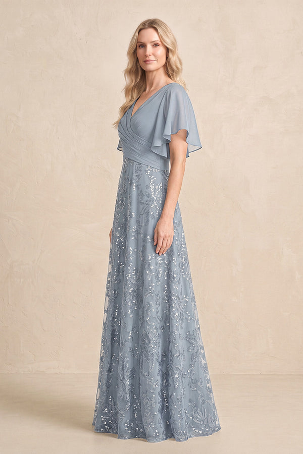 Dusty Blue Chiffon V-Neck A-Line Embroidered Mother of the Bride Dress with Ruffled Sleeves (3) | KISSBRIDAL