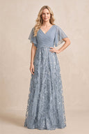 Dusty Blue Chiffon V-Neck A-Line Embroidered Mother of the Bride Dress with Ruffled Sleeves | KISSBRIDAL