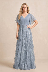 Dusty Blue Chiffon V-Neck A-Line Embroidered Mother of the Bride Dress with Ruffled Sleeves | KISSBRIDAL