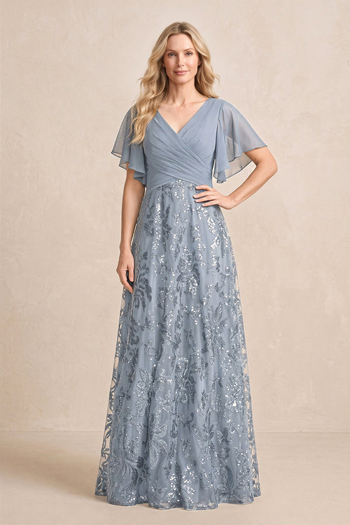 Dusty Blue Chiffon V-Neck A-Line Embroidered Mother of the Bride Dress with Ruffled Sleeves | KISSBRIDAL