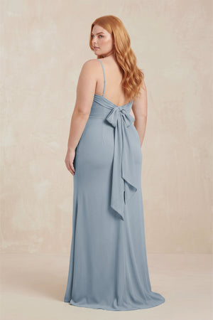 Dusty Blue Cowl Neck Sheath Chiffon Bridesmaid Dress with Corset (2) | KISSBRIDAL