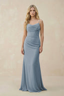 Dusty Blue Cowl Neck Sheath Chiffon Bridesmaid Dress with Corset | KISSBRIDAL