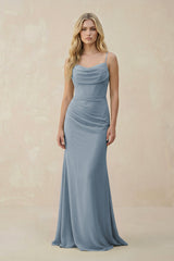 Dusty Blue Cowl Neck Sheath Chiffon Bridesmaid Dress with Corset | KISSBRIDAL