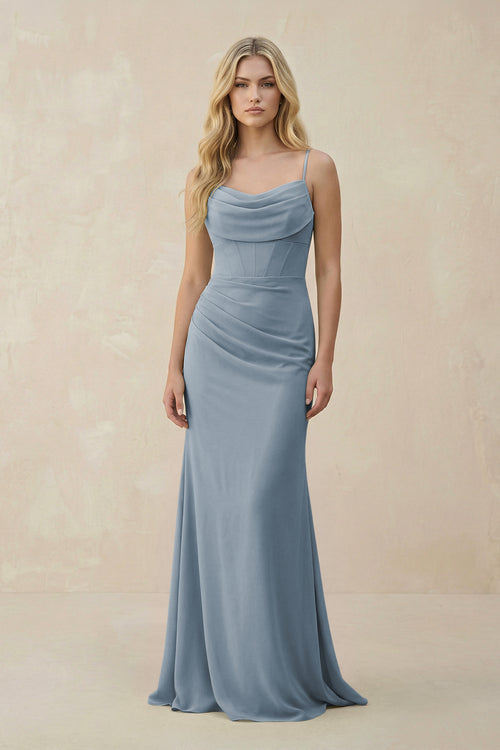 Dusty Blue Cowl Neck Sheath Chiffon Bridesmaid Dress with Corset | KISSBRIDAL
