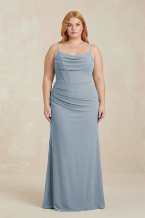 Dusty Blue Cowl Neck Sheath Chiffon Bridesmaid Dress with Corset | KISSBRIDAL