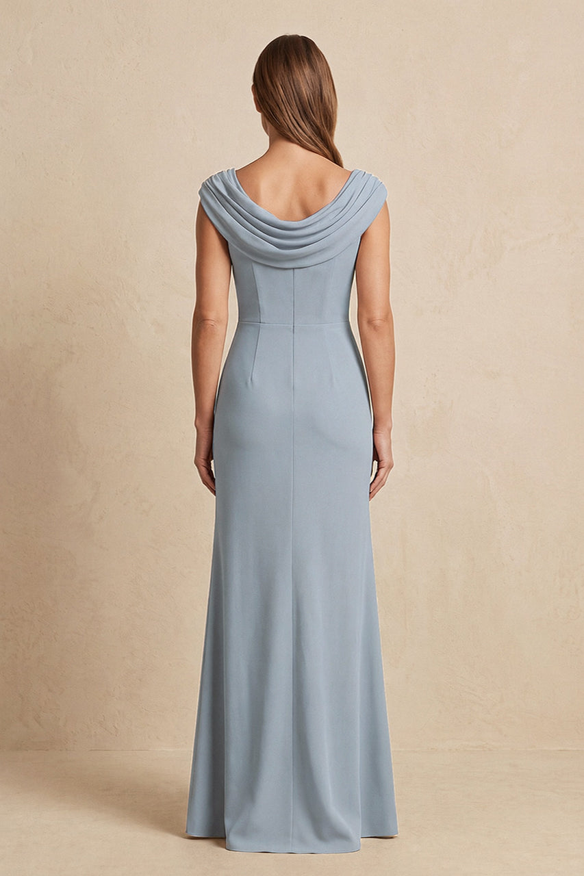 Dusty Blue Cowl Neck Sheath Chiffon Mother of the Bride Dress with Slit and Cap Sleeves