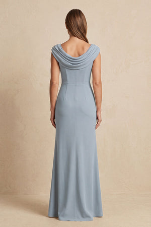 Dusty Blue Cowl Neck Sheath Chiffon Mother of the Bride Dress with Slit and Cap Sleeves (2) | KISSBRIDAL