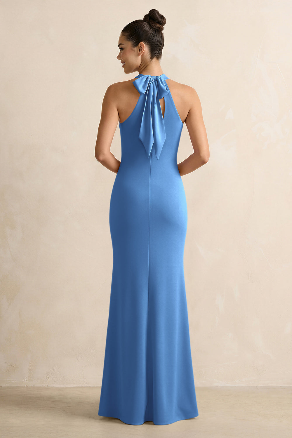 Crisscross Halter Sheath Satin Bridesmaid Dress with Bow in Dusty Blue