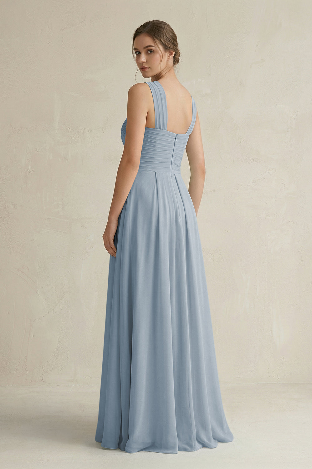 Cross Halter Chiffon A-Line Pleated Bridesmaid Dress in Dusty Blue
