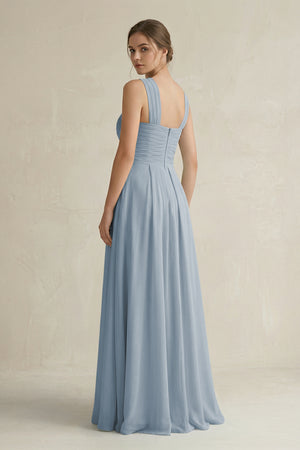 Dusty Blue Cross Halter Chiffon A-Line Pleated Bridesmaid Dress (2) | KISSBRIDAL