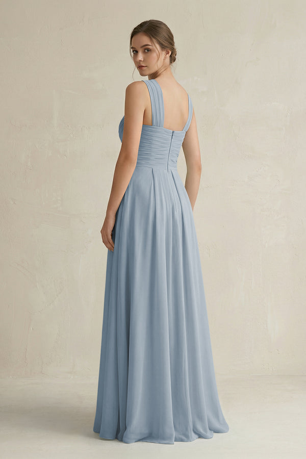 Dusty Blue Cross Halter Chiffon A-Line Pleated Bridesmaid Dress (2) | KISSBRIDAL