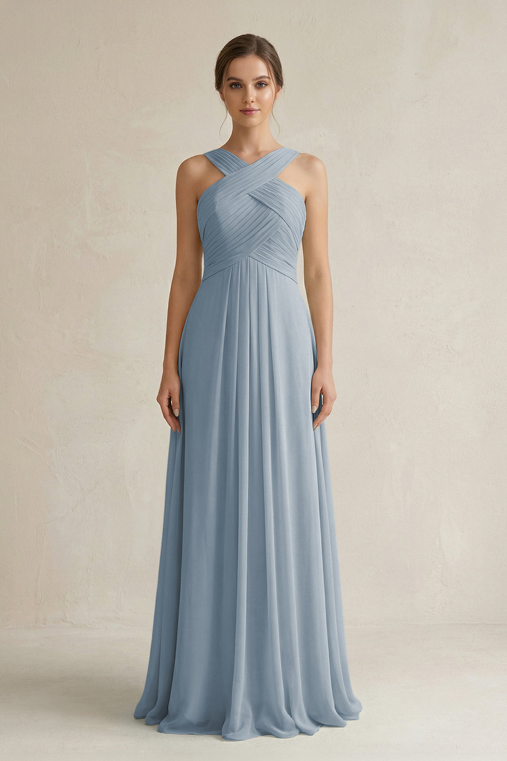 Cross Halter Chiffon A-Line Pleated Bridesmaid Dress in Dusty Blue