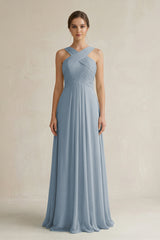 Dusty Blue Cross Halter Chiffon A-Line Pleated Bridesmaid Dress | KISSBRIDAL