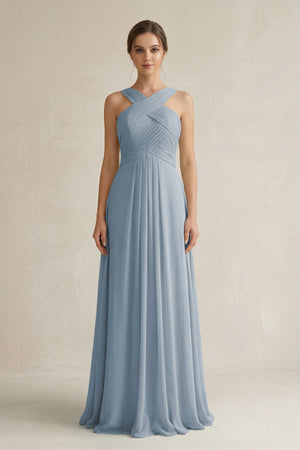Dusty Blue Cross Halter Chiffon A-Line Pleated Bridesmaid Dress | KISSBRIDAL