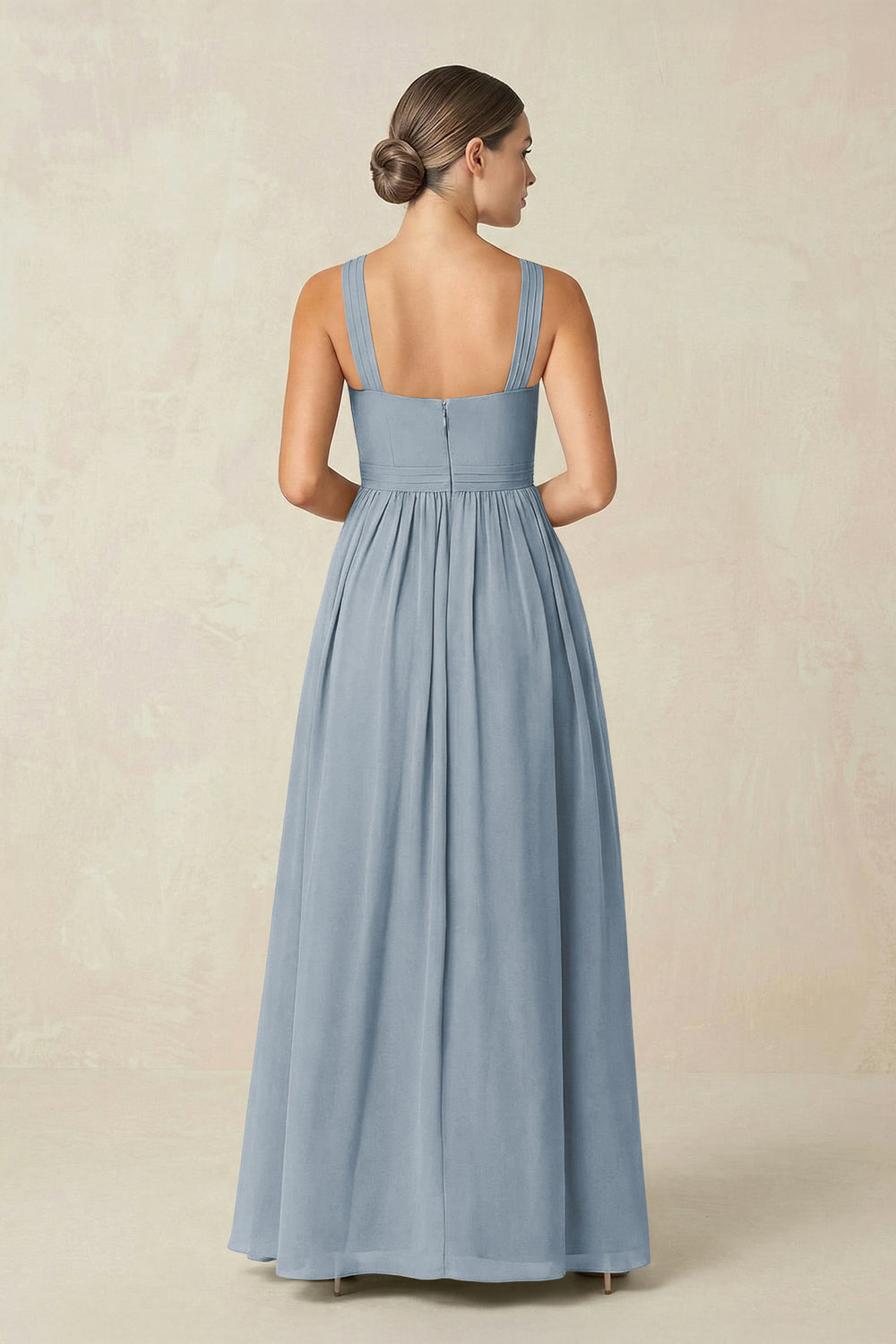 Cross Halter Neck Chiffon A-Line Bridesmaid Dress With Slit in Dusty Blue