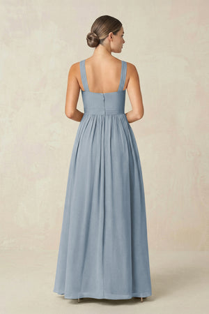 Dusty Blue Cross Halter Neck Chiffon A-Line Bridesmaid Dress With Slit (2) | KISSBRIDAL
