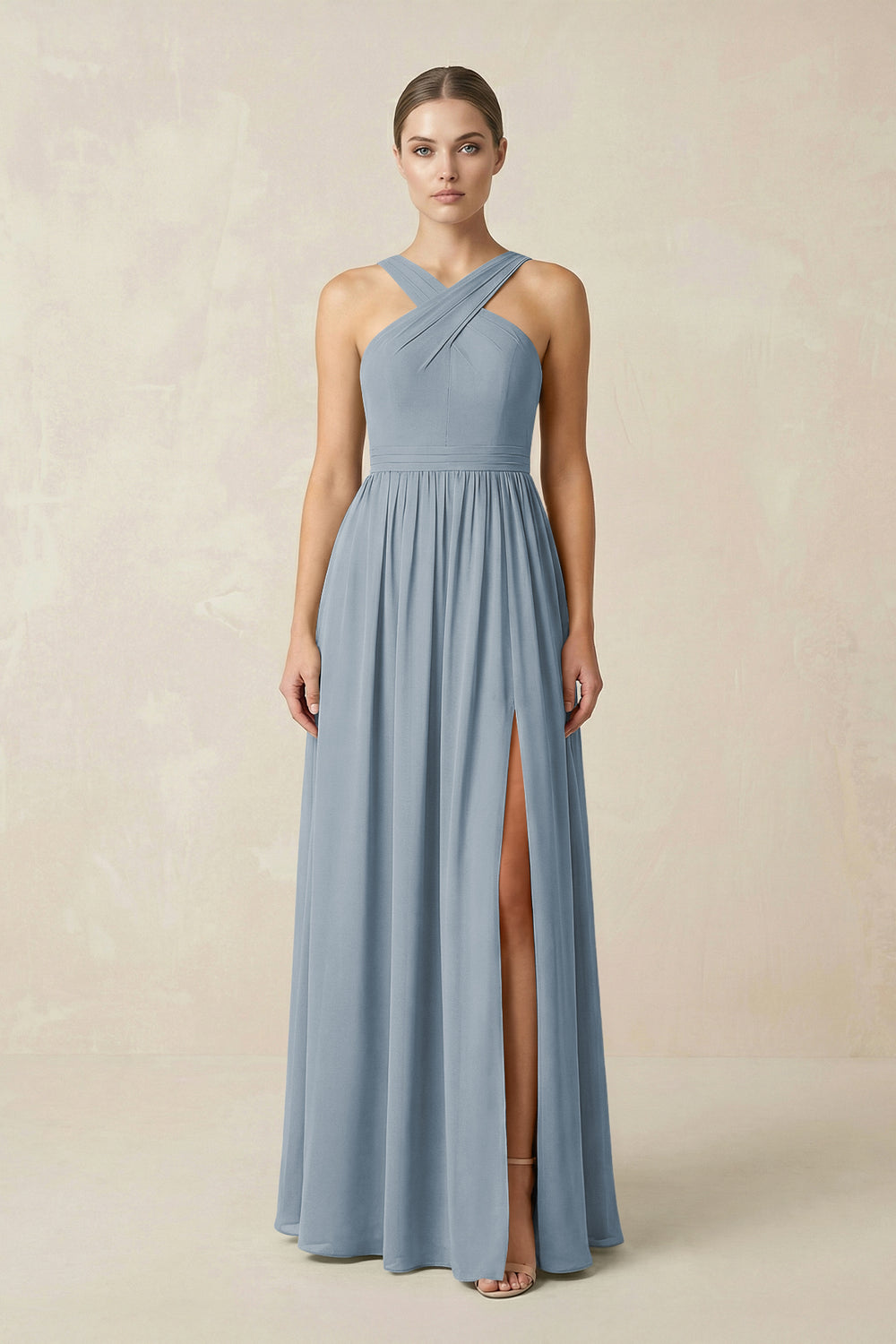 Cross Halter Neck Chiffon A-Line Bridesmaid Dress With Slit in Dusty Blue