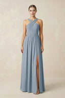 Dusty Blue Cross Halter Neck Chiffon A-Line Bridesmaid Dress With Slit | KISSBRIDAL