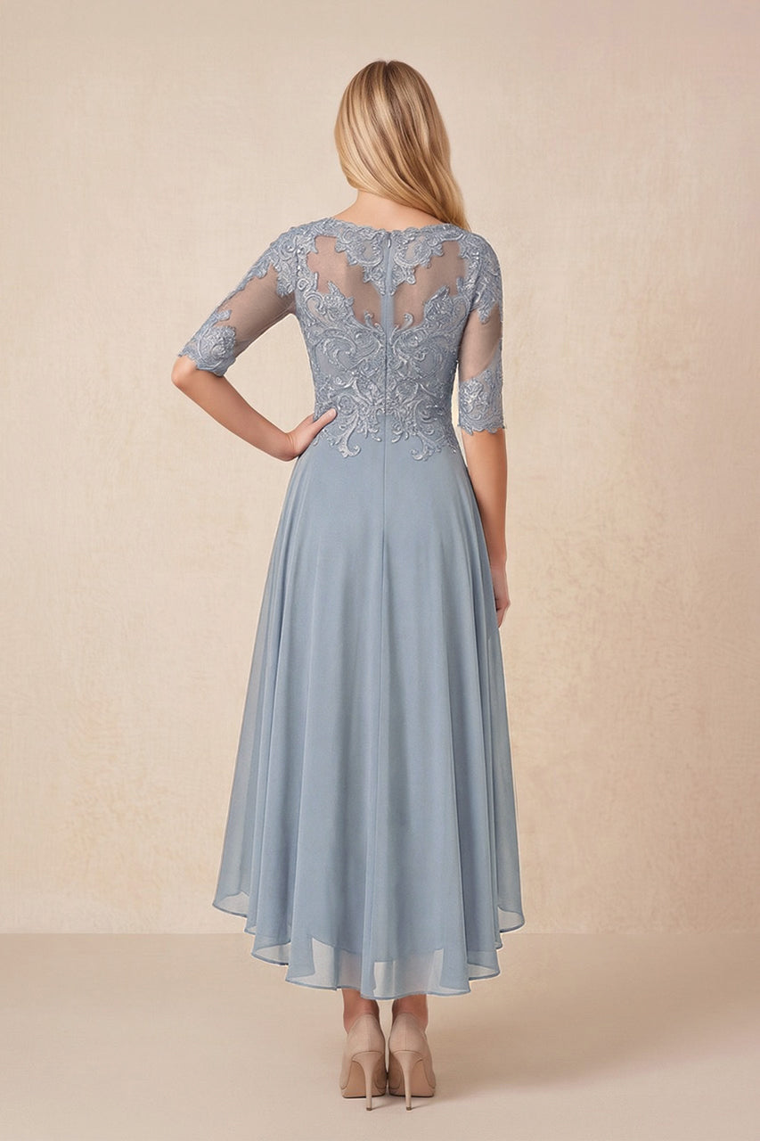 Dusty Blue Embroidered A-Line Chiffon Midi Mother of the Bride Dress with Sleeves