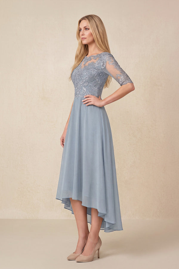 Dusty Blue Embroidered A-Line Chiffon Midi Mother of the Bride Dress with Sleeves (3) | KISSBRIDAL