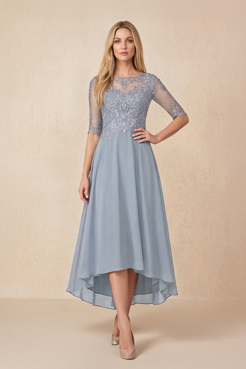 Dusty Blue Embroidered A-Line Chiffon Midi Mother of the Bride Dress with Sleeves